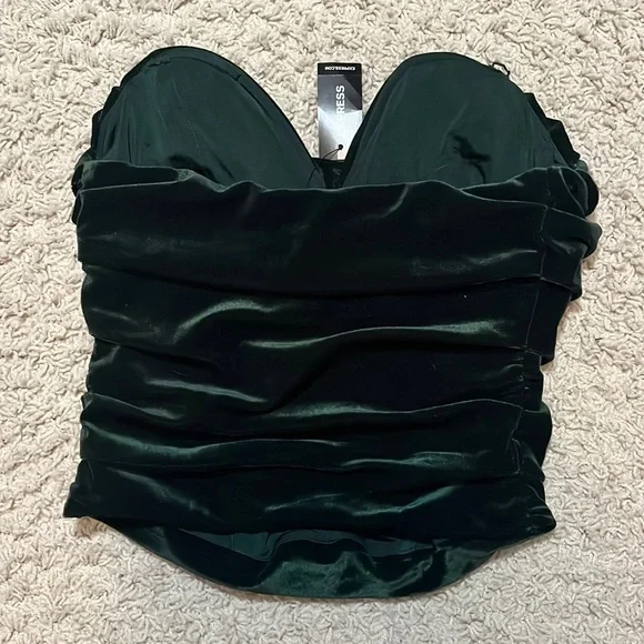 🆕 NWT Express Bodycon Forest Green Velvet Cowl Neck Corset Top in Womens size S - Picture 3 of 7
